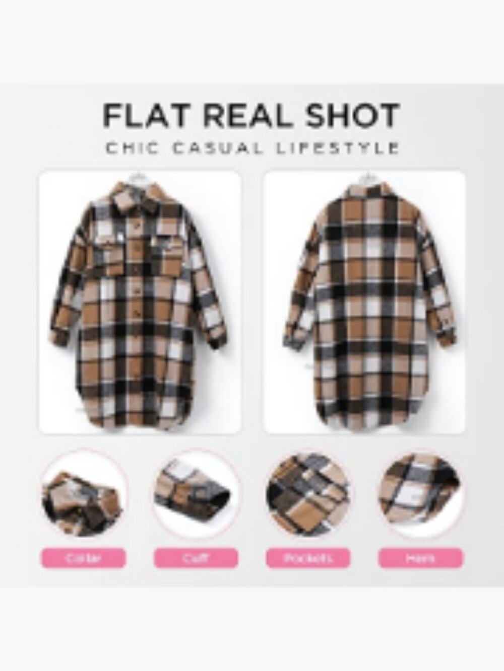Polyester Plaid Shacket Jacket Long Corduroy Button Down Trench Coat - Picture 5 of 7
